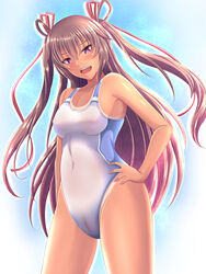  breasts brown_hair cameltoe collarbone competition_swimsuit covered_navel female highleg highleg_swimsuit highres kanna_(minamozuki) long_hair medium_breasts mizuki_yukikaze one-piece_swimsuit one-piece_tan purple_eyes solo swimsuit taimanin_(series) taimanin_yukikaze tan tanlines two_side_up white_one-piece_swimsuit 