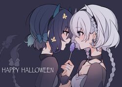  2girls black_hair candy commentary_request earrings face-to-face food halloween jewelry konno_junko lollipop long_hair mizuno_ai multiple_girls open_mouth short_hair twintails uehara_(dormmmmir_) white_hair yuri zombie zombie_land_saga 