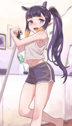  absurdres armpits blonde_hair blunt_bangs blurry blush commentary depth_of_field dolphin_shorts female gradient_hair highres hololive hololive_english kiwwwwwi light_blush long_hair looking_at_another midriff mole mole_under_eye multicolored_hair ninomae_ina&#039;nis oerba_yun_fang orange_hair photo_(object) plant pointy_ears purple_eyes purple_hair purple_shorts shorts sidelocks smile solo standing standing_on_one_leg stomach streaked_hair tank_top tentacle_hair thighs twintails very_long_hair virtual_youtuber white_tank_top 