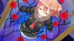  aragaki_akira flowers game_cg kamitsure_~7_no_nijou_fushigi~ mizuki_kotora orange_hair rose school_uniform short_hair skirt water 