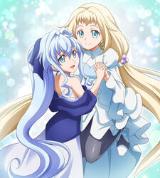  2girls blonde_hair blue_eyes blue_hair earrings eve_(gundam_build_divers_re:rise) gundam gundam_build_divers gundam_build_divers_re:rise hanzou highres holding_hands jewelry long_hair looking_at_viewer looking_back multiple_girls ponytail sara_(gundam_build_divers) smile tied_hair very_long_hair 