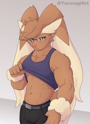  abs anthro arm_tuft big_ears bottomwear brown_body brown_fur clothed clothing eyewear fur generation_4_pokemon glasses lagomorph long_ears lopunny male mammal muscular muscular_anthro muscular_male nintendo pants pokemon pokemon_(species) shirt solo tank_top topwear tuft wrist_tuft yorusagi 