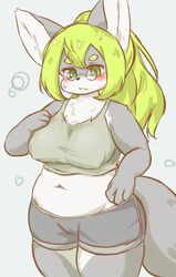  4_fingers anthro big_breasts blush bodily_fluids breasts canid canine clothed clothing cyberconnect2 drecom eigetsu female fingers fox full_bokko_heroes fur green_eyes green_hair grey_body grey_fur hair hand_on_breast kemono mammal mature_anthro mature_female navel nipple_outline oota_suketomo_(full_bokko_heroes) simple_background slightly_chubby solo standing sweat 