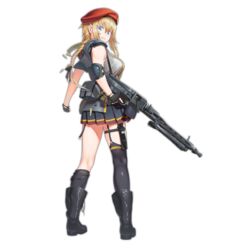  ammunition_belt asymmetrical_legwear beret black_footwear blonde_hair blue_eyes boots braid breasts cross-laced_footwear female fingerless_gloves full_body garter_straps girls&#039;_frontline gloves gun hat holding holding_gun holding_weapon lace-up_boots large_breasts long_hair looking_at_viewer looking_back machine_gun mg3 mg3_(girls&#039;_frontline) official_art pleated_skirt single_thighhigh skirt smile solo thighhighs touko_(kira2yue) transparent_background trigger_discipline uneven_legwear weapon 