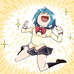  :d black_socks blue_hair commentary_request female kairakuen_umenoka kneeling mahou_shoujo_madoka_magica mahou_shoujo_madoka_magica_(anime) miki_sayaka mitakihara_school_uniform moe_musume open_mouth parody pixiv school_uniform shoes short_hair smile socks solo sparkle 