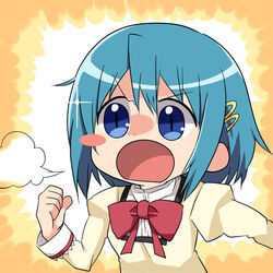  blue_eyes blue_hair blush_stickers breath clenched_hand commentary_request female kairakuen_umenoka mahou_shoujo_madoka_magica mahou_shoujo_madoka_magica_(anime) miki_sayaka mitakihara_school_uniform moe_musume open_mouth parody pixiv school_uniform short_hair solo upper_body 