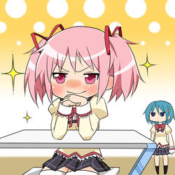  &gt;:) 2girls blue_eyes blue_hair commentary_request gendou_pose hair_ornament hair_ribbon hairclip head_rest jitome kairakuen_umenoka kaname_madoka mahou_shoujo_madoka_magica mahou_shoujo_madoka_magica_(anime) miki_sayaka mitakihara_school_uniform moe_musume multiple_girls own_hands_clasped own_hands_together parody pink_eyes pink_hair pixiv ribbon school_uniform seiza short_hair short_twintails sitting smile table thighhighs twintails v-shaped_eyebrows 