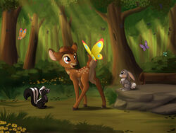  4:3 ambient_arthropod ambient_butterfly ambient_flier ambient_insect ambient_silhouette arthropod bambi bambi_(film) big_ears black_body black_eyes black_fur brown_body brown_eyes brown_fur butterfly deer detailed_ambient_creature detailed_background disney feral flower flower_(bambi) forest fur grass grey_body grey_fur group happy hi_res insects lagomorph lepidopteran leporid light light_beam log male mammal mephitid mule_deer new_world_deer on_tail outside plant rabbit raised_tail riding_on_tail rock shrub silhouette sirzi sitting skunk standing striped_skunk sunbeam sunlight surprise tail thumper_(disney) tree wood young young_feral 