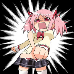  commentary_request female hair_ribbon kairakuen_umenoka kaname_madoka mahou_shoujo_madoka_magica mahou_shoujo_madoka_magica_(anime) mitakihara_school_uniform moe_musume open_mouth parody pink_eyes pink_hair pixiv pointing rectangular_mouth ribbon school_uniform shaded_face short_hair short_twintails solo thighhighs twintails zettai_ryouiki 