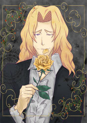  1boy bleach blonde_hair commentary_request flower heliodor leaf long_hair male_focus md5_mismatch one_eye_closed ootoribashi_roujuurou petals photoshop_(medium) purple_eyes rose rose_petals solo yellow_flower yellow_rose 