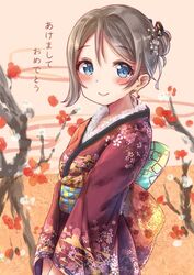  bad_id bad_pixiv_id blue_eyes blush earrings female fur-trimmed_kimono fur_trim grey_hair hair_bun hair_ornament hair_up happy_new_year highres japanese_clothes jewelry kimono looking_at_viewer love_live! love_live!_sunshine!! maka_neko new_year obi sash single_hair_bun smile solo translated watanabe_you wide_sleeves 