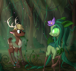  antlers blush bound brown_body brown_fur cervyderia_deer deer detailed_background dryad duo elemental_creature empty_eyes eye_contact female feral flora_fauna flower forest fur glowing glowing_eyes green_body green_eyes green_fur green_hair hair hasbro hi_res hooves horn leaf looking_at_another male mammal my_little_pony nature_spirit outside petals plant roots sirzi swirl_pattern tree vines 