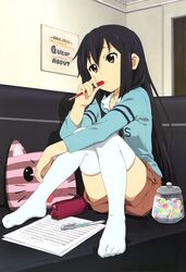  :&lt; absurdres akitake_seiichi alternate_hairstyle beamed_eighth_notes black_hair casual eighth_note eighth_rest feet female hair_down half_rest hands highres imageboard_desourced jar k-on! long_hair mechanical_pencil musical_note nakano_azusa natural_sign no_shoes non-web_source nyantype official_art pen pencil pencil_case quarter_note quarter_rest red_eyes sharp_sign sheet_music shorts sitting solo thighhighs treble_clef white_thighhighs whole_note whole_rest 