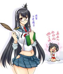  2girls bespectacled black-framed_eyewear black_hair blood book breasts commentary_request cosplay cowboy_shot fusou_(kancolle) glasses hairband kantai_collection kuon_(nokokopopo) large_breasts long_hair midriff multiple_girls navel nosebleed ooyodo_(kancolle) ooyodo_(kancolle)_(cosplay) quill red_eyes school_uniform semi-rimless_eyewear serafuku skirt translated under-rim_eyewear undersized_clothes very_long_hair white_hairband yamashiro_(kancolle) 