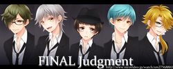  5boys aqua_hair bespectacled blonde_hair brown_eyes brown_hair commentary_request ear_piercing english_text glasses green_eyes green_hair grey_eyes hair_over_one_eye hat hirano_toushirou ichigo_hitofuri male_focus multiple_boys necktie open_mouth piercing rio_(rio_01) shishiou_(touken_ranbu) smile touken_ranbu tsurumaru_kuninaga uguisumaru white_hair yellow_eyes 