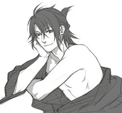  1boy bad_id bad_pixiv_id folded_ponytail greyscale hakuouki_shinsengumi_kitan male_focus minato_(robin) monochrome okita_souji_(hakuouki) open_clothes pectorals solo 