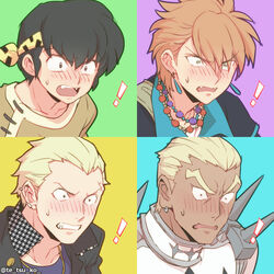  ! 4boys black_hair blonde_hair blush commentary_request constricted_pupils crossover dark-skinned_male dark_skin earrings fangs fushigi_yuugi gakuran gamagoori_ira green_eyes headband hibiki_ryouga jewelry kill_la_kill male_focus multiple_boys necklace open_mouth orange_hair persona persona_4 photoshop_(medium) piercing ranma_1/2 scar school_uniform spikes surprised tasuki_(fushigi_yuugi) tatsumi_kanji tetsukuzu_tetsuko twitter_username yasogami_school_uniform 