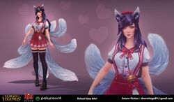  3d adapted_uniform ahri_(league_of_legends) animal_ears bell blair_armitage commentary_request email_address female highres jingle_bell league_of_legends long_hair multiple_tails purple_hair sailor_collar school_uniform skirt solo suspender_skirt suspenders tail thighhighs yellow_eyes 