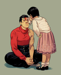  black_hair blood blood_on_face bloody_nose brother_and_sister closed_eyes female hand_on_hip handkerchief indian_style interlocked_fingers kinzoku_bat maren_marmulla nosebleed one-punch_man pleated_skirt short_hair siblings sitting skirt torn_clothes turtleneck zenko_(one-punch_man) 