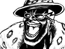  1boy black_baron blue-falcon coat commentary_request ear_piercing fur_coat greyscale hat laughing madworld male_focus monochrome piercing solo sunglasses 