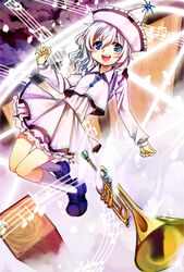  aqua_eyes bad_id bad_pixiv_id bass_clef beamed_eighth_notes blue_eyes female flat_sign flying half_note hat instrument merlin_prismriver multicolored_eyes musical_note open_mouth petticoat photoshop_(medium) pink_hair quarter_note short_hair sixteenth_note smile solo staff_(music) touhou treble_clef trumpet white_hair zanunoneko 