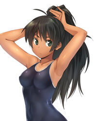  arms_up black_hair blue_eyes commentary_request female ganaha_hibiki highres idolmaster idolmaster_(classic) long_hair one-piece_swimsuit ponytail school_swimsuit simple_background solo swimsuit tan tanlines torii_yoshitsuna 