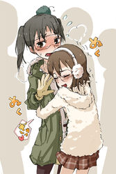  2girls amasawa_yuuko animal animal_on_head black_hair blush breath closed_eyes coat cold commentary_request dennou_coil earmuffs embarrassed glasses gloves hood hug looking_back mojo_(dennou_coil) multiple_girls okonogi_yuuko on_head pantyhose photoshop_(medium) plaid plaid_skirt sakasana_(kaisen_teikoku) short_hair skirt smile sweat translated twintails yuri 