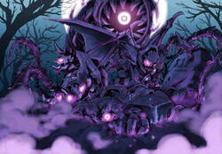  3boys amatera bat_wings claws commentary_request creature decepticon full_moon glowing glowing_eyes grave graveyard horns looking_at_viewer mecha moon multiple_boys nib_pen_(medium) night night_sky no_humans open_mouth outdoors purple_eyes robot shockwave_(transformers) sky soundwave_(transformers) starscream tentacle tombstone traditional_media transformers transformers_(live_action) tree wings zombie zombification 