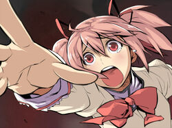  aru-sci bad_id bad_pixiv_id female foreshortening hands kaname_madoka mahou_shoujo_madoka_magica mahou_shoujo_madoka_magica_(anime) mitakihara_school_uniform night outstretched_hand pink_eyes pink_hair reaching running school_uniform short_hair solo tears twintails upper_body 