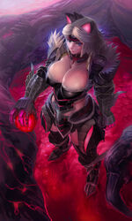  animal_ears armor blood blood_splatter blue_eyes boots breasts cleavage commentary_request dripping female from_above fujiwara_hisashi fur_trim gauntlets highres jewelry jpeg_artifacts large_breasts lips monster_hunter_(character) monster_hunter_(series) monster_hunter_3_g necklace photoshop_(medium) revision smile solo stygian_zinogre_(armor) white_hair zinogre_(armor) 