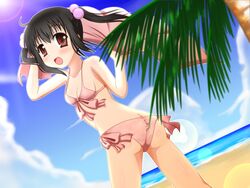  ass bad_anatomy beach bikini black_hair brown_eyes butt_crack commentary_request day dutch_angle female highres lens_flare minami_(colorful_palette) outdoors photokano pink_bikini sakura_mai_(photokano) short_hair solo swimsuit towel twintails twisted_torso 