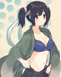  bikini bikini_under_clothes black_hakama black_skirt blue_bikini blue_eyes blue_hair blush breasts closed_mouth collarbone commentary_request female green_kimono hair_tie hakama hakama_skirt halftone halftone_background headband japanese_clothes kantai_collection kimono large_breasts long_hair looking_at_viewer navel open_clothes open_kimono pout skirt solo souryuu_(kancolle) souryuu_kai_ni_(kancolle) swimsuit twintails unworn_skirt wide_sleeves zp_hn02 