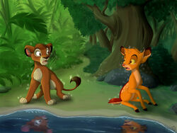  4:3 after_transformation alternate_species bambi bambi_(film) branch brown_body brown_eyes brown_fur deer detailed_background disney duo eye_contact felid feral forest fur hi_res hooves jungle leaf lion looking_at_another magic male mammal mule_deer new_world_deer orange_body orange_fur outside pantherine plant pond red_eyes reflection shocked simba_(the_lion_king) sirzi sitting sparkles standing surprise tail tail_tuft the_lion_king tree tuft water yellow_sclera 