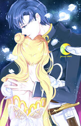  1boy back_bow bad_id bad_pixiv_id bishoujo_senshi_sailor_moon blonde_hair blue_eyes blue_hair bow chiba_mamoru commentary_request couple crescent dark_blue_hair dated double_bun endymion_(sailor_moon) female hair_bun long_hair nape petals princess_serenity scabbard sheath signature straight tsukino_usagi twintails yukinami_(paru26i) 