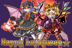  2girls :d alternate_costume ascot bat_wings blonde_hair blue_hair blush brooch commentary_request flandre_scarlet full_moon fun_bo gothic_lolita halloween halloween_costume happy_halloween hat jewelry lace lace-trimmed_legwear lace_trim laevatein_(touhou) lolita_fashion marisa_to_alice_no_cookie_storia miniskirt mob_cap moon multiple_girls oerba_yun_fang open_mouth plaid plaid_skirt pumpkin_hat red_eyes red_moon remilia_scarlet siblings side_ponytail sisters skirt slit_pupils smile spear_the_gungnir striped_clothes striped_thighhighs thighhighs touhou tsurime v-shaped_eyebrows wings 