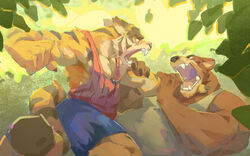  16:10 2017 5_fingers anthro bear big_muscles blue_eyes brown_body brown_fur claws clothed clothing duo eyebrows felid fight fingers fist forest fur hi_res jungle juuichi_mikazuki male mammal morenatsu muscular muscular_male nyuudles obese obese_male open_mouth orange_body orange_fur overweight overweight_male pantherine pecs plant roaring striped_body striped_fur stripes teeth thick_eyebrows tiger torahiko_(morenatsu) tree widescreen 