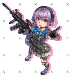  acog ammunition_pouch asato_miyo assault_rifle bad_id bad_pixiv_id dreadtie female full_body gloves gun headset highres holding holding_gun holding_weapon knee_pads little_armory load_bearing_equipment m4_carbine magazine_(weapon) pouch purple_eyes purple_hair rifle short_hair solo vertical_foregrip weapon 