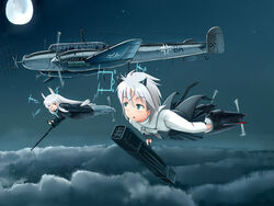  2girls aircraft airplane bf_110 cloud commentary_request cross flying germany glasses heidimarie_w._schnaufer hirschgeweih_antennas iron_cross kcme moon multiple_girls nazi pantyhose propeller rocket_launcher sanya_v._litvyak sky strike_witches striker_unit swastika vehicle_focus weapon world_witches_series 