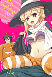  1boy 2girls :d :x ^^^ blonde_hair blush breasts cleavage commentary_request halloween hat jack-o&#039;-lantern kantai_collection kumao_mofumofu long_hair medium_breasts multiple_girls navel oerba_yun_fang open_mouth pink_background shigure_(kancolle) shigure_kai_ni_(kancolle) simple_background sitting sitting_on_person skirt smile striped_clothes striped_thighhighs thighhighs translated trick_or_treat twitter_username witch_hat yuudachi_(kancolle) yuudachi_kai_ni_(kancolle) 