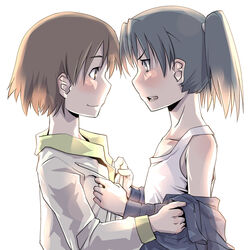  2girls amasawa_yuuko bare_shoulders black_eyes black_hair blush brown_eyes brown_hair commentary_request dennou_coil eye_contact jacket kamotama looking_at_another multiple_girls off_shoulder okonogi_yuuko school_uniform short_hair simple_background smile twintails undressing white_background yuri 