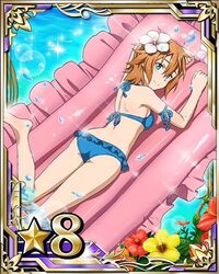  bad_source bare_shoulders barefoot bikini blue_bikini blue_eyes blue_ribbon breasts brown_hair card_(medium) female flower from_above hair_between_eyes hair_flower hair_ornament hibiscus looking_at_viewer lying medium_breasts official_art on_stomach philia_(sao-alo) red_flower ribbon short_hair sideboob smile solo star_(symbol) swimsuit sword_art_online sword_art_online:_code_register white_flower yellow_flower 