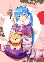  2018 :d alternate_hair_length alternate_hairstyle arrow_(projectile) ayamy bell blue_eyes blue_hair blunt_bangs blush canine chinese_zodiac commentary_request female fur_trim furisode hair_ornament hairband hakugei_(re:zero) hamaya heart highres holding japanese_clothes jingle_bell kimono long_hair long_sleeves looking_at_viewer natsuki_subaru new_year obi open_mouth purple_kimono re:zero_kara_hajimeru_isekai_seikatsu rem_(re:zero) round_teeth sash seiza sitting smile solo teeth wide_sleeves x_hair_ornament year_of_the_dog 