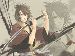  1boy asa_no_ha_(pattern) bad_id bad_pixiv_id bishounen blood brown_hair hakuouki_shinsengumi_kitan japanese_clothes male_focus minato_(robin) okita_souji_(hakuouki) solo sword weapon zoom_layer 