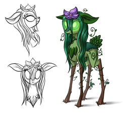  deer dryad elemental_creature empty_eyes female flora_fauna flower glowing glowing_eyes green_eyes hasbro leaf looking_at_viewer mammal multiple_images my_little_pony plant roots simple_background sirzi smile solo standing vines white_background wood 