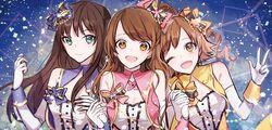  3girls bad_id bad_twitter_id breasts brown_eyes brown_hair cleavage commentary_request ecru girl_sandwich green_eyes hair_ornament holding_hands honda_mio idol_clothes idolmaster idolmaster_cinderella_girls korean_commentary long_hair medium_breasts multiple_girls new_generations_(idolmaster) one_eye_closed sandwiched shibuya_rin shimamura_uzuki sparkle stage_of_magic_(idolmaster) star_(symbol) star_hair_ornament yellow_eyes 