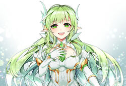  :d colored_eyelashes commentary_request daybreaker_(elsword) elsword female gloves green_eyes green_hair green_necktie hamericano hand_on_own_chest long_hair looking_at_viewer necktie open_mouth pointy_ears rena_erindel smile solo upper_body white_gloves 