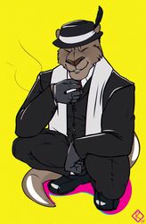  2017 5_fingers anthro biped black_bottomwear black_clothing black_topwear bottomwear brown_body brown_fur brown_nose brown_tail cheek_tuft cigarette closed_eyes clothed clothing crouching digital_media_(artwork) dotted_background facial_tuft felid fingers footwear front_view full-length_portrait fur gloves handwear hat headgear headwear hi_res humanoid_hands hybrid lion male mammal mustelid otter pantherine pattern_background portrait rei_(repzzmonster) repzzmonster shoes signature simple_background smile smoke smoking solo suit tail topwear tuft yellow_background 