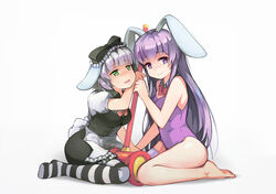  2girls animal_ears apron bare_legs bare_shoulders barefoot black_dress bow dress erina_(rabi-ribi) grey_hair irisu_(rabi_ribi) leotard long_hair mallet multiple_girls nezumi_(mouseto) pantyhose playboy_bunny purple_eyes purple_hair purple_leotard rabbit_ears rabbit_girl rabi-ribi ribbon short_hair single_thighhigh sitting smile striped_clothes striped_pantyhose thighhighs very_long_hair white_legwear 