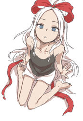  blue_eyes commentary_request female fudatsuki_kyouko fudatsuki_no_kyouko-chan full_body highres long_hair looking_at_viewer parted_lips ponytail shorts simple_background sitting solo very_long_hair wariza white_background white_hair yamamoto_souichirou 