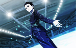  1boy alternate_eye_color bad_id bad_pixiv_id black_hair blue_eyes commentary_request dutch_angle hair_slicked_back katsuki_yuuri koitsu_(blue) male_focus skating_rink smile solo yuri!!!_on_ice 